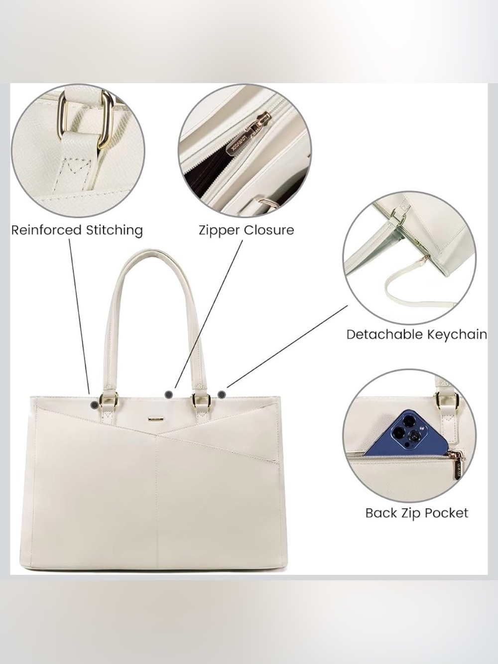 White Laptop Tote Bag Minimalist Work Office Commuter Carryall - Picture 6 of 16
